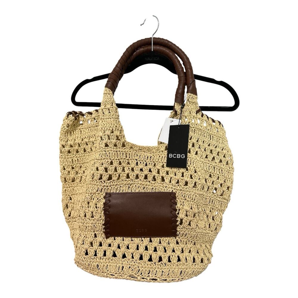BCBGMAXAZRIA Woven Raffia Tote Bag in Natural/Cognac. - Picture 4 of 12